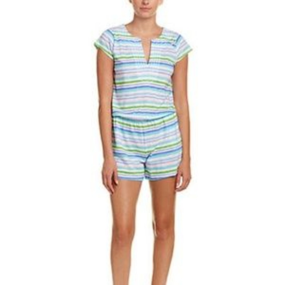 HiHo Peyton Romper beach wear coverup blue green white and pink Multi-stripe XS